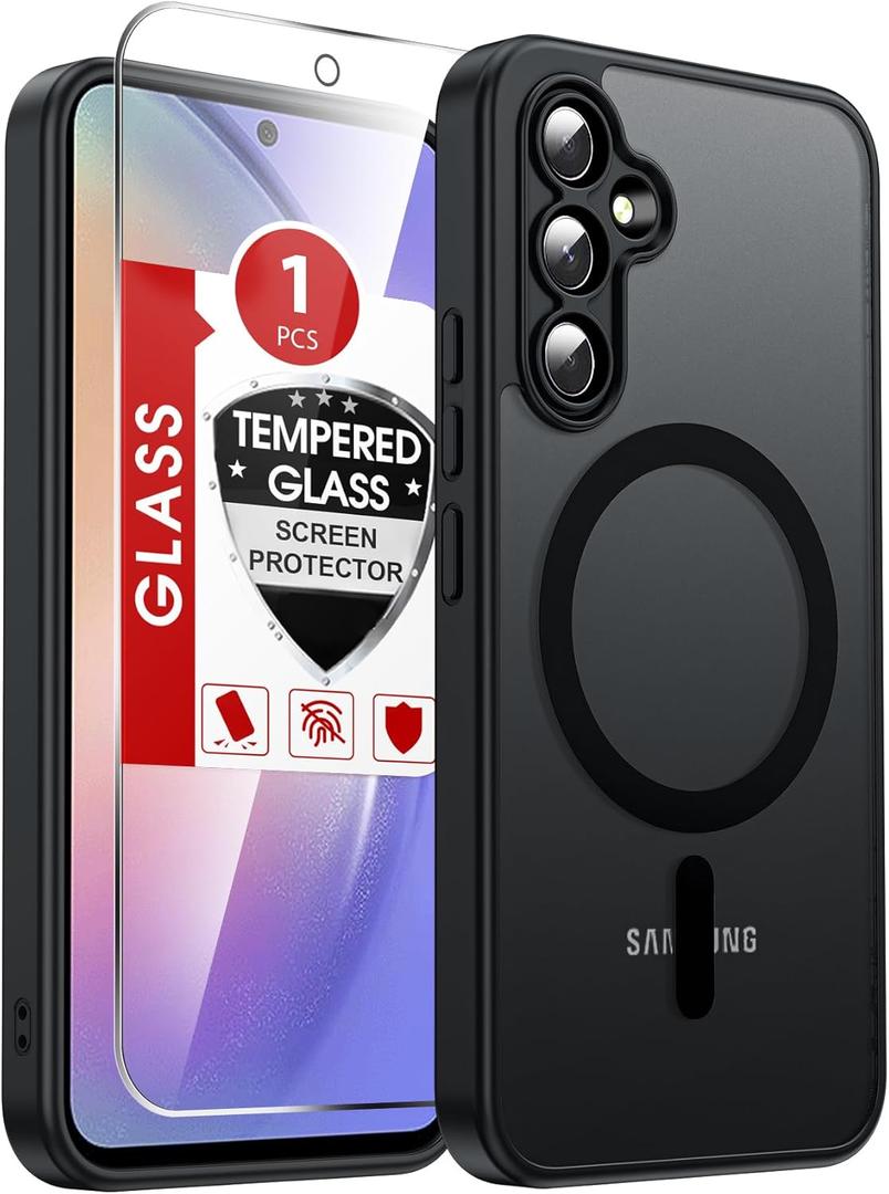 LeYi for Galaxy A54-5G Phone Case: A54 Samsung Phone Case with Screen Protector, [Magnet Fit] Matte Translucent Skin-Touch & Full Body Protection para Android Samsung A 54 Cell Cover, Black