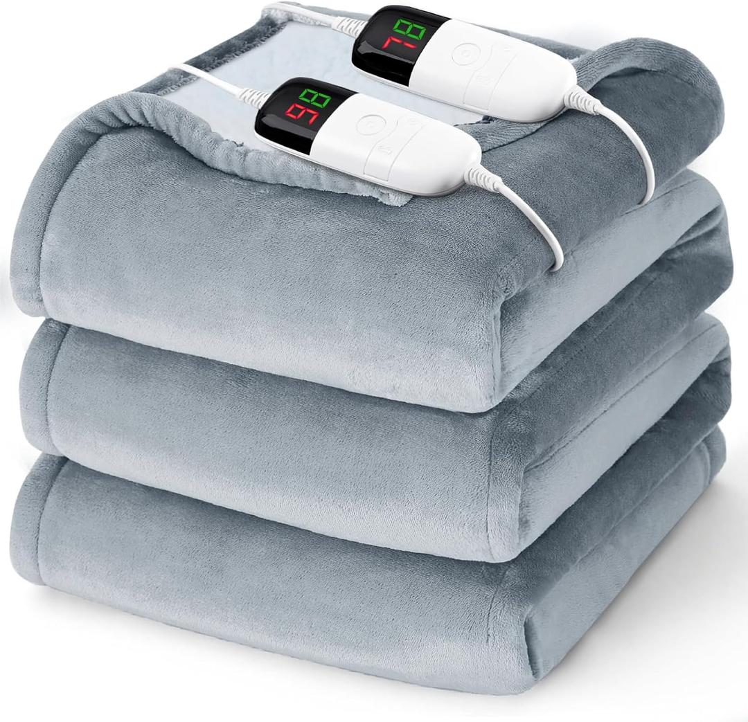 Heated Electric Blanket Queen Size - 84" x 90" Heating Blanket with Dual Control, 10 Heating Levels & 8 Hours Auto Off, Soft Warm Flannel Blanket, Christmas Birthday Gifts for Senior Grandma (Ivory Gray)