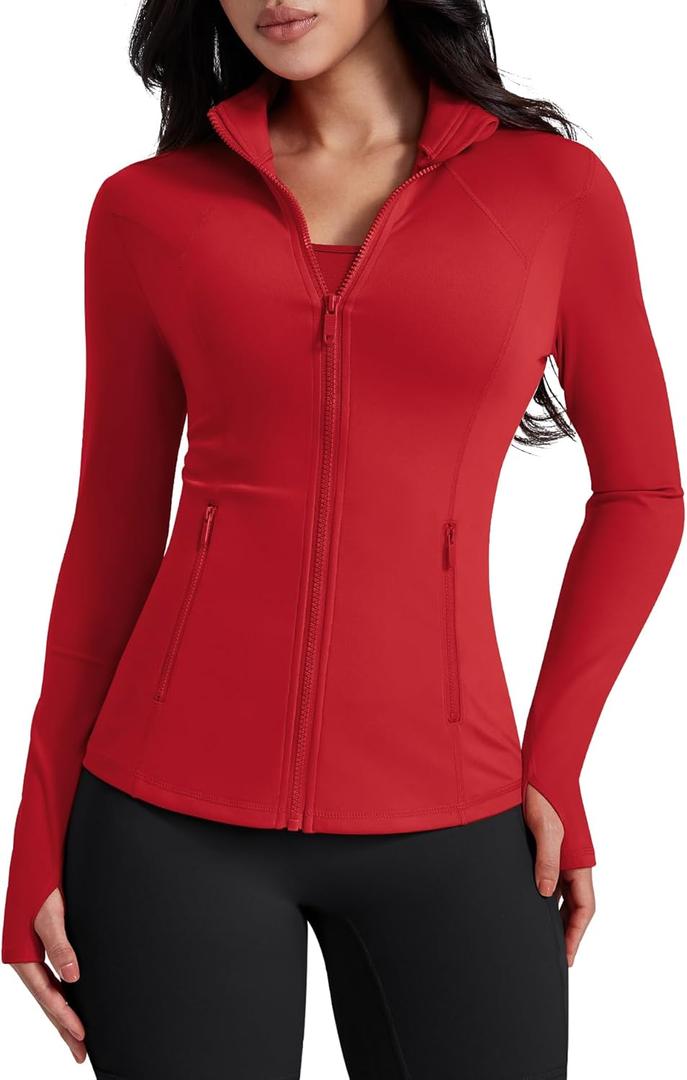 AVGO Womens Workout Jackets Lightweight Athletic Zip Up Jacket Slim Fit Running Gym Top with Pockets & Thumb Holes (Medium, Red)