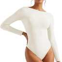 SUUKSESS Women Backless Y2k Long Sleeve Bodysuit Double Lined Open Back Sexy Basic Top (White, S)