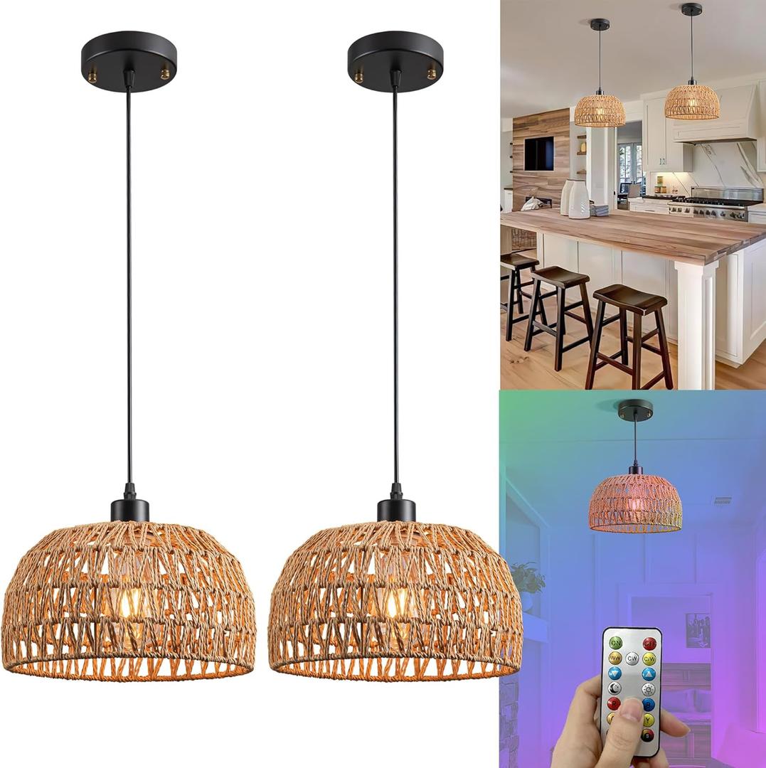Battery Operated Pendant Light with Remote,Battery Hanging Light Rattan Woven Chandelier No Wiring Needed,Rechargeable Light Bulb 50+Hours Continue Use,Perfect for Kitchen Islands Ceiling Lighting (Brown)