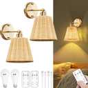 Frideko Rattan Rechargeable Battery Operated Wall Sconces Set of Two with Remote, 3 Colors Dimmable Wireless Wall Light, 5200mAh Indoor Wall Lamp with 4 Timer, Boho Sconces Wall Lighting for Bedroom