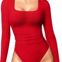 OQQ Women's Bodysuits Ruched Long Sleeve Square Neck Lounge Stretch Travel Bodysuits Red, L