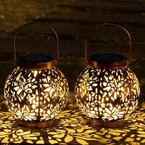 JOIEDOMI 2 Pack Outdoor Solar Hanging Lantern Lights, Waterproof Tabletop with Handle, LED Moroccan Lanterns, Metal Decorative Garden Solar Lights Christmas for Patio, Lawn, Porch, Backyard