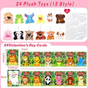 24 Pack Valentines Day Gifts for Kids Classroom Animal Plush Toy Keychain with Valentines Cards for Kids School, Valentines for Kids Class Exchange Cards Gifts Prizes Party Favors for Boys Girls