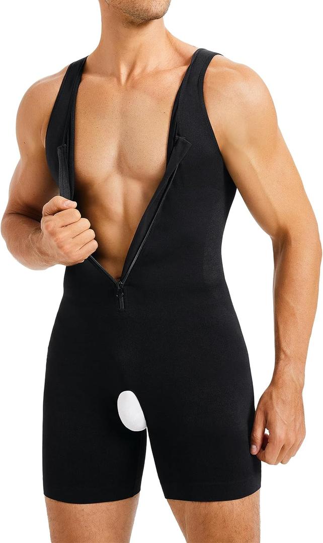 TAILONG Mens Bodysuit Shapewear for Tummy Control Gynecomastia Compression Shirts Full Body Shapewear Fajas Para Hombres (Medium-Large, Black)