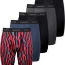 Men's Underwear 9 Inch Long Leg Boxer Briefs for Men, Performance, Moisture Wicking Pack, Anting Chafing, Fly, Size Extra Large (2 Red Pattern/Grey/Black/Blue)