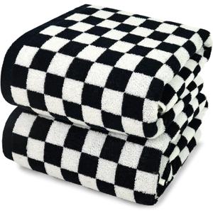 Jacquotha Black & White Checkered Cotton Bath Towels Set of 2 - Cute Aesthetic Bathroom Towels for Bathroom Decor 27.5" x 55"