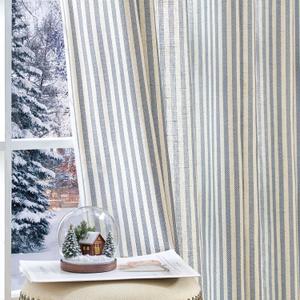 jinchan Linen Curtains for Living Room Blue on Beige Striped Curtains for Bedroom Ticking Stripe Pattern Light Filtering Cottage Core Rustic Grommet Window Treatment 2 Panels 84 inches Long