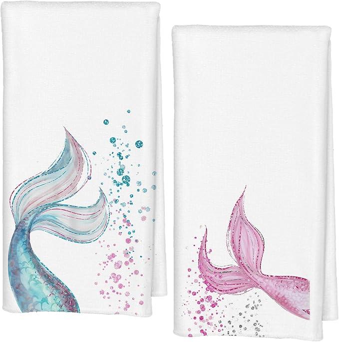 Qabliqo Mermaid Bathroom Decor Hand Towels Set of 2, Mermaid Gifts Blue Pink Tail Decorative Kids Hand Towels for Girls, Coastal Beach Kitchen Towels, 16x24 Inch
