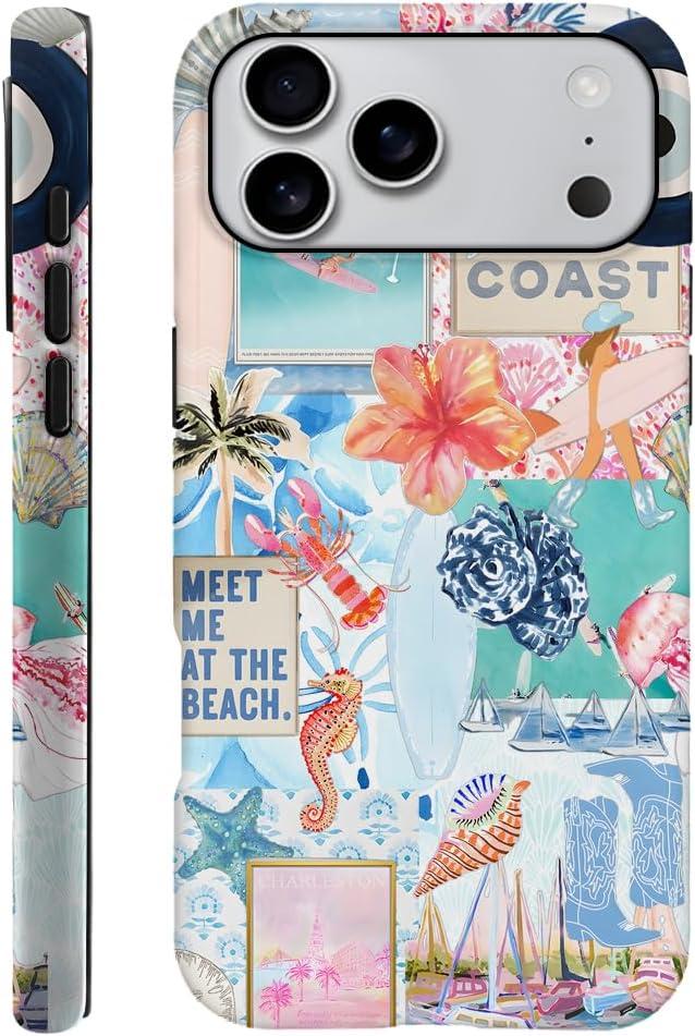 Case Compatible with iPhone 17 Pro Max,Scratch Resistant Hybrid 2-Layer Hard Shell Phone Case,Seashells Beach Summer Jellyfish Collage