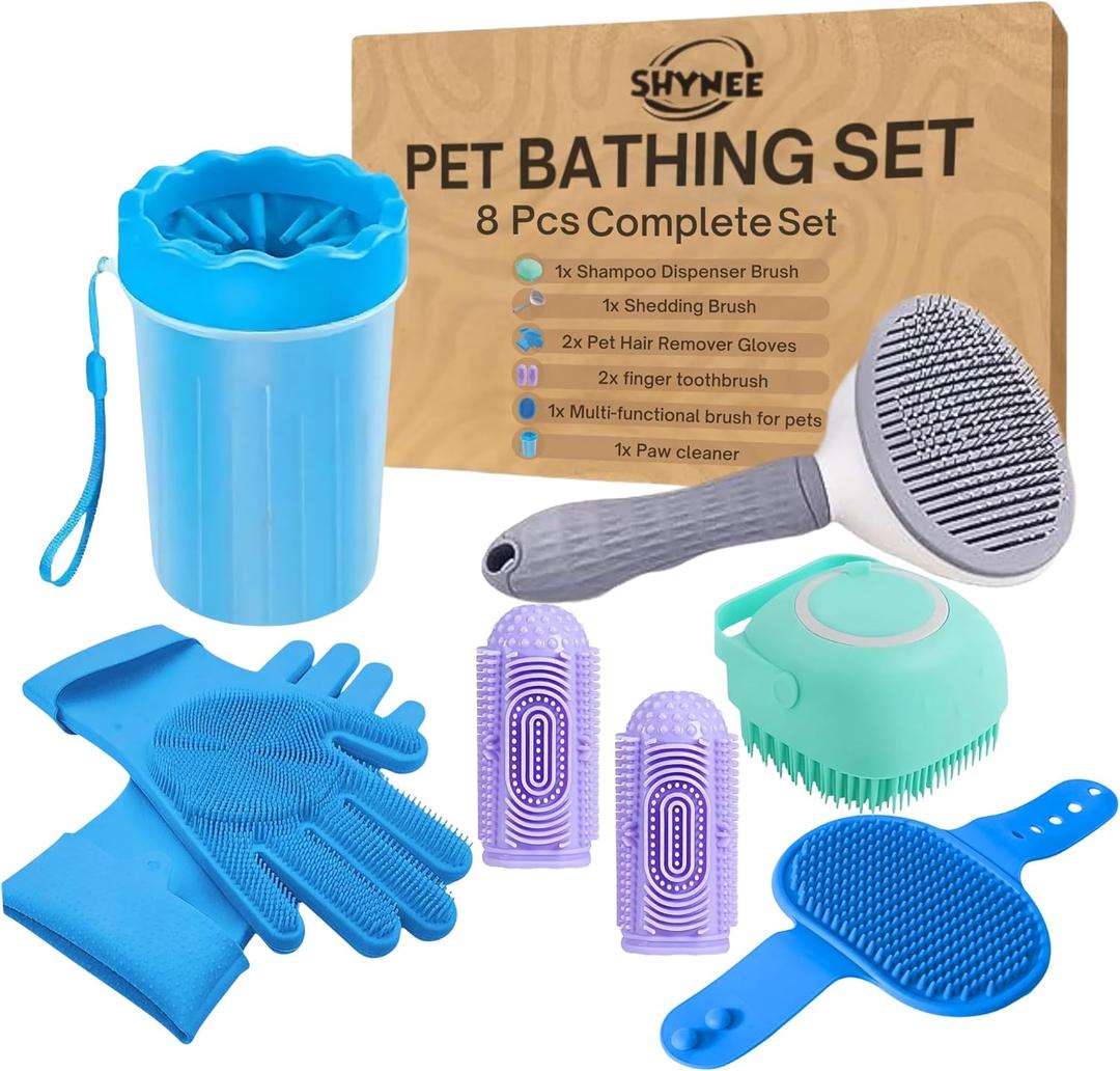 8PCs Dog Grooming Kit - Dog Shampoo Brush | Washing Gloves | Adjustable Dog Bath Brush | Dog Paw Cleaner | 2X Toothbrush | Dog Scrubber For Bath & Massage - Grooming & Bath Supplies for Dogs and Cats