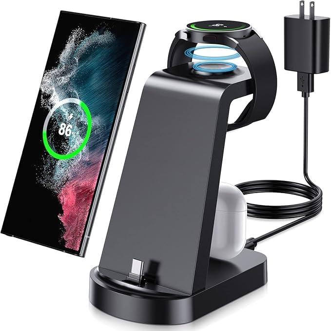 Charging Station for Samsung Multiple Devices, VCVS 3 in 1 Fast Charger Station, Wireless Charger for Samsung Galaxy Watch 6/5/4/3, Galaxy S23/S22/S21/S20/S10,Note20/10,Z Flip4/5,Z Fold4/5,Galaxy Buds