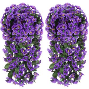 Suncalla 2 Pcs Artificial Fake Hanging Flowers Plants for Outdoor Faux Silk Morning Glory Vines UV Resistant Petunias Ferns Outside Spring Decoration for Porch Balcony Patio Garden (Purple)