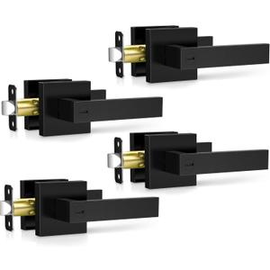 Plustool 4 Pack Matte Black Door Handles, Keyless Interior Door Knobs, Privacy Door Lever Locksets for Bedroom Bathroom, Heavy Duty Square Door Lock, Reversible for Left&Right Handled Doors