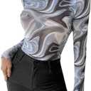 Milumia Women's Marble Print Mesh Sheer Mock Neck Long Sleeve Bodysuits Fitted Tops, medium