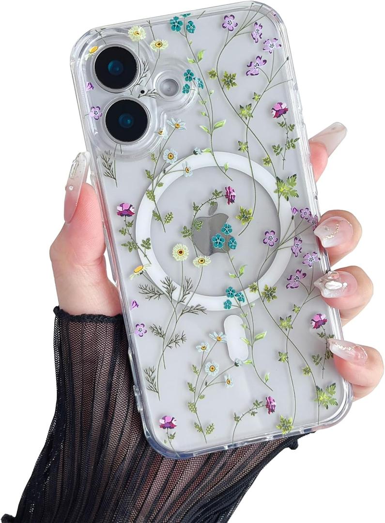 RALEAVO for iPhone 16 Case Compatible with MagSafe Clear Floral Cover with Flower Branch Pattern for Girls Women Slim Cute Hard Back Shockproof Phone Case for iPhone 16,Transparent