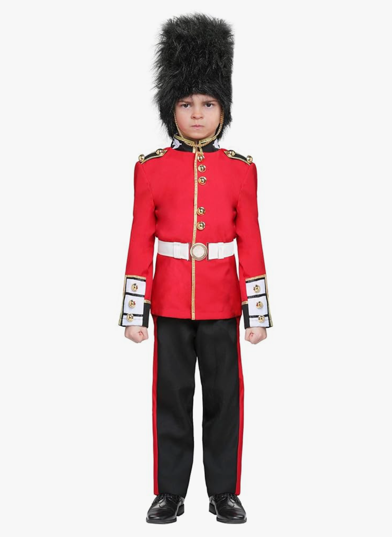 Royal Guard Costume for Boys British Red Suit with Bearskin Cap, Royalty Cosplay Set with Coat, Pants, Belt, Hat M