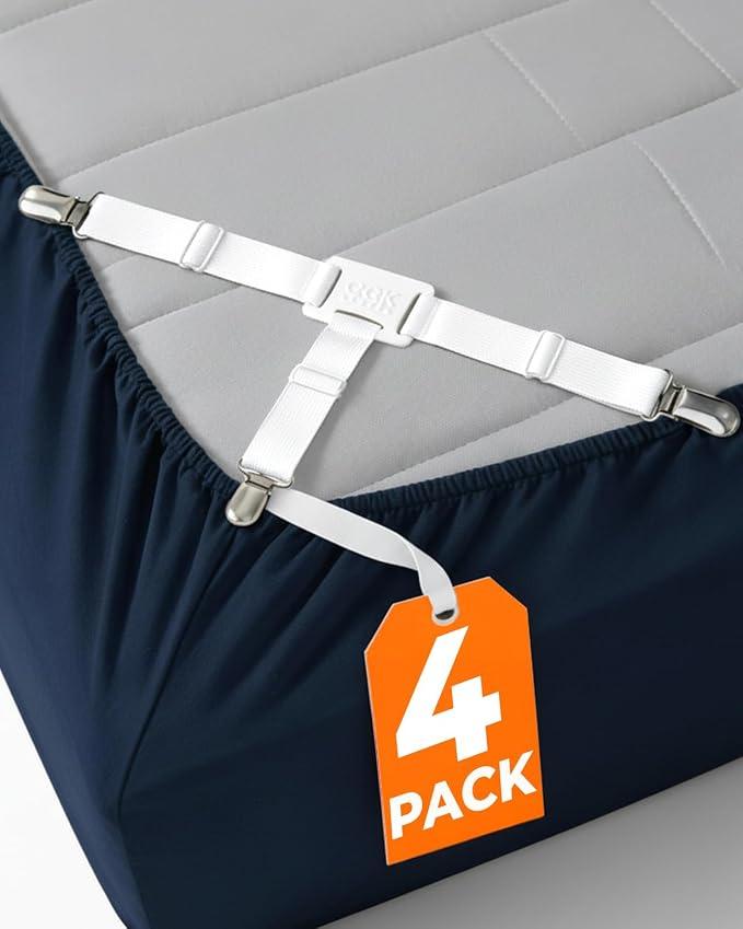 Adjustable Elastic Fasteners with Straps with Metal Clips, Keeps in Place Bedding Sheets, Tight Suspenders for Mattress, 4 Pcs