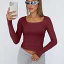 Trendy Queen Womens Square Neck Long Sleeve Shirts Double Lined Slim Fit Tops Y2K Going Out Basic Tees (Red, M)