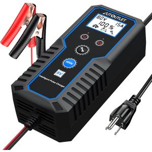 AUTOUTLET 8V Golf Cart Battery Charger 015A Smart Automatic, Trickle Charger & Battery Maintainer with LCD Display, PWM 4-Stage Charging for AGM Gel Lead Acid Batteries