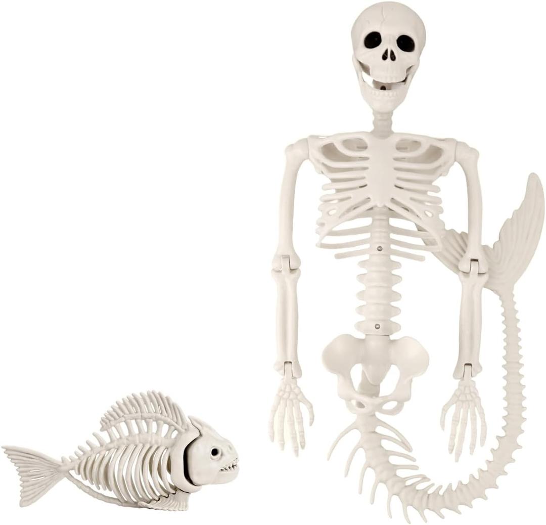 38" Posable Halloween Mermaid Skeleton  Lifelike Moveable Joints & Soft Fabric Tail, 1-Pack Spooky Sea-Creature Prop for Indoor/Outdoor Haunted Dcor, Graveyard or Under-The-Sea Party Favor