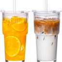 20oz Glass Tumblers with Straws and Lids 2 Pack, Ribbed Glass Cups, Leak Resistant Iced Coffee Cups, Thick Reusable Drinking Glasses, Fits Car Cup Holder, Clear Travel Coffee Cups