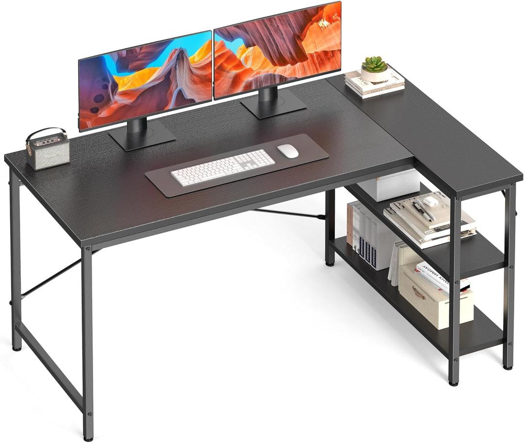 DUMOS L Shaped Desk 39 Inch Computer Desk Gaming Furniture Corner Desks Home Office PC Table with Reversible Storage Shelves for Writing Working Study Bedroom Dorm, Modern Black