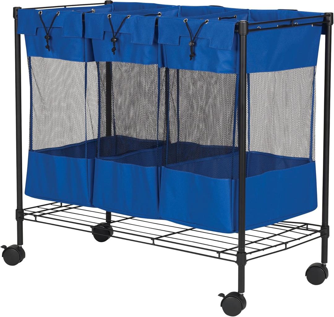 Household Essentials Laundry Sorter with Wheels, Triple Removable Mesh Bags, Sturdy Wire Frame, Smooth Glide Casters, Wide Functionality, Blue and Black