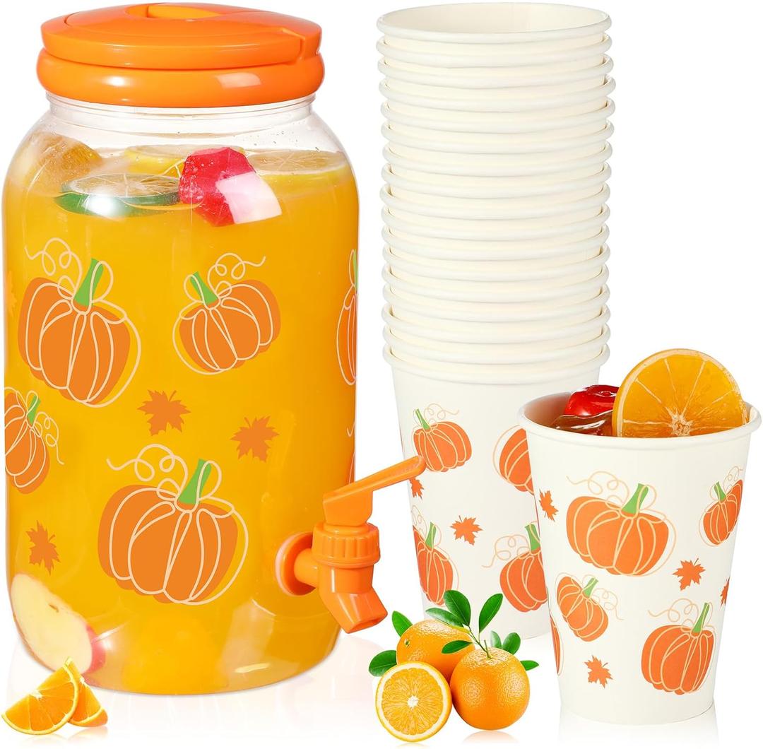 Umigy 1 Gallon Fall Pumpkin Plastic Drink Dispenser with 20 Pcs 12 oz Paper Cups Thanksgiving Harvest Kitchen Decoration Beverage Water Dispenser with Spigot for Juice Beer Autumn Party Supplies