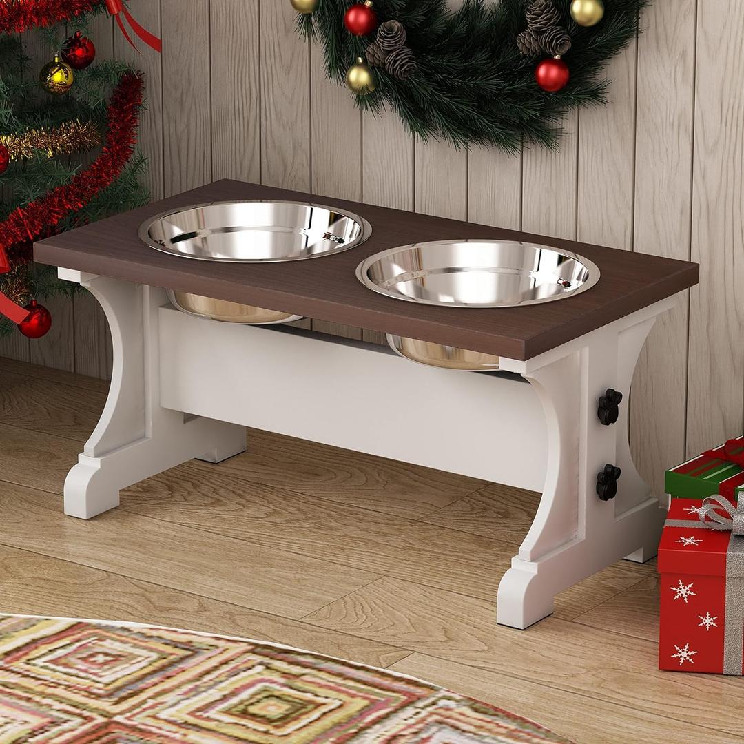 Piskyet Elevated Dog Bowls,Farmhouse Dog Bowls Stand, Raised Dog Bowl with 2 Stainless Steel Wooden Dog Bowl,3.5Cups8.5''H_30 oz Bowl-Farmhouse Style