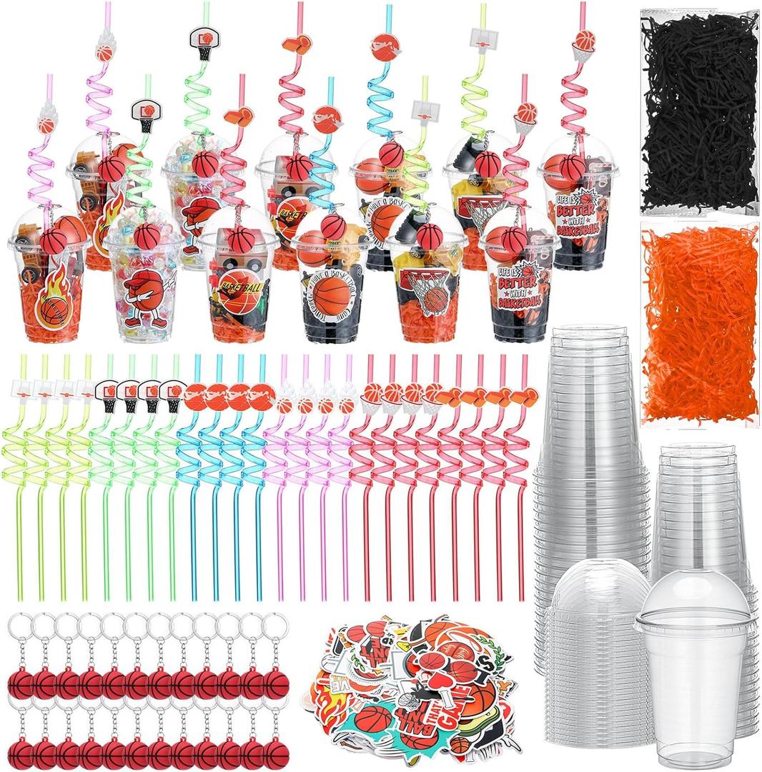 167 Pcs 24 Set Basketball Party Cups Favor with Lid Straw Sticker Pendant Keychain Raffia Disposable Clear Goodie Cups Return Gifts for Sports Team Birthday Theme Party Drinkware Supplies