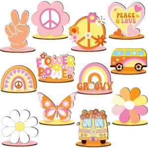 RattanView 12 Pcs Groovy Party Decorations Groovy Centerpieces for Tables Two Birthday Party Favors Hippie Bohemian Wooden Signs for Table Retro Rainbow Daisy Bus Table Topper