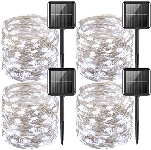 YEGUO White Solar Fairy Lights Outdoor Waterproof, 4 Pack Each 33ft 100 LED String Light, 8 Modes Silver Wire Twinkle Lights