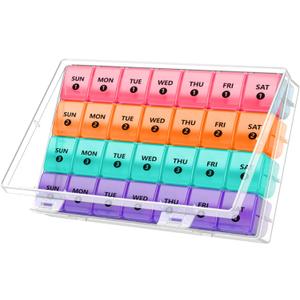XL Monthly Pill Organizer 1 Time a Day with Dust-Proof Case, Extra Large 4 Weeks Pill Box Once a Day, 28 Days Pill Container 1 Per Day, Weekly Vitamin Case, Daily Medicine Organizer (Red-orange-green-purple)