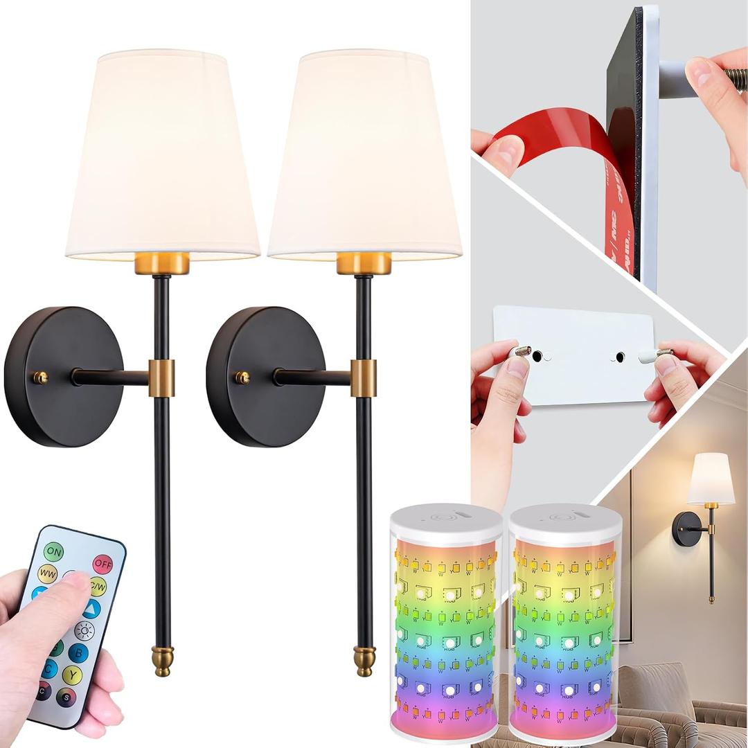 Peel and Stick Wall Sconces, Stick On Wall Sconce Set of 2, Battery Operated Wireless Adhesive Wall Lights, Corn Bulb with 10000mAh Battery, Easy Install for Bedroom Living Room Wall Decor, 19.68inch