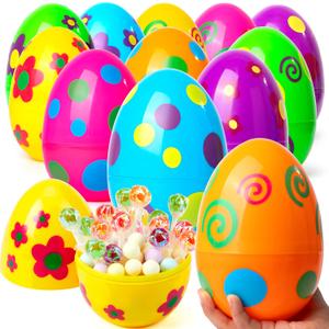 JOYIN 12 Pcs Large Printed Easter Eggs, 6 Inches Jumbo Plastic Eggs Fillable for Easter Themed Hunt Basket Stuffers Fillers Filling Treats Party Favor Classroom Prize Supplies