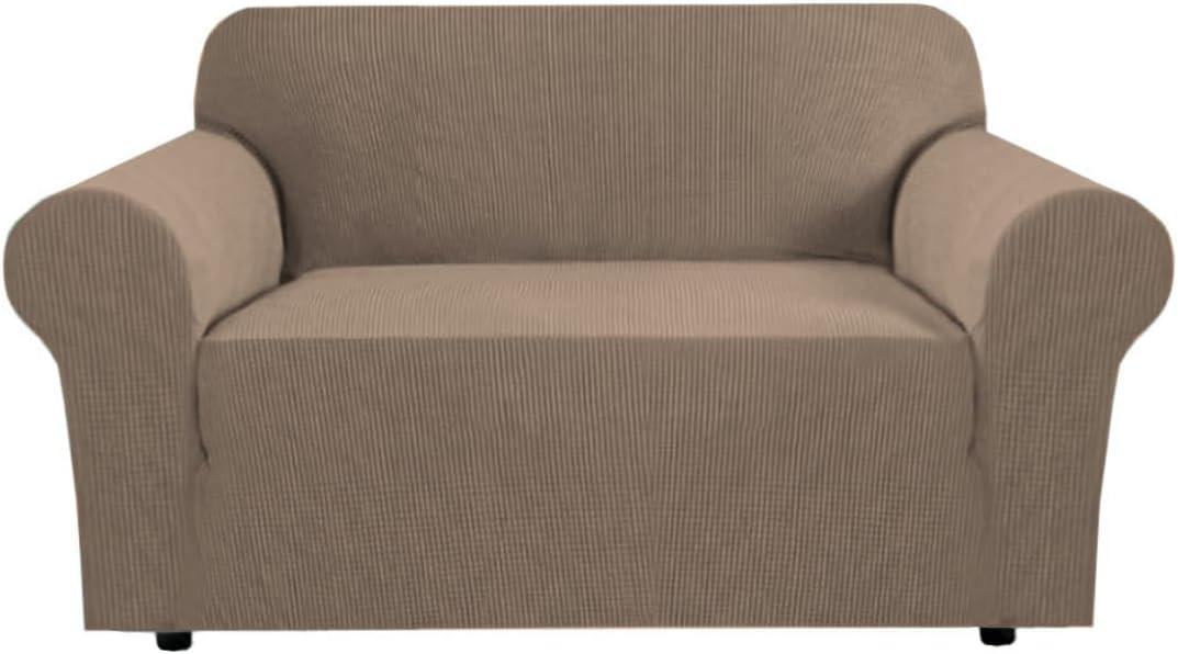 H.VERSAILTEX Stretch Couch Cover Loveseat Covers for 2 Cushion Couch Sofa Slipcover for Love Seat 1 Piece with Elastic Bottom, Checked Jacquard Fabric(Loveseat 58"-70" Wide, Macchiato)