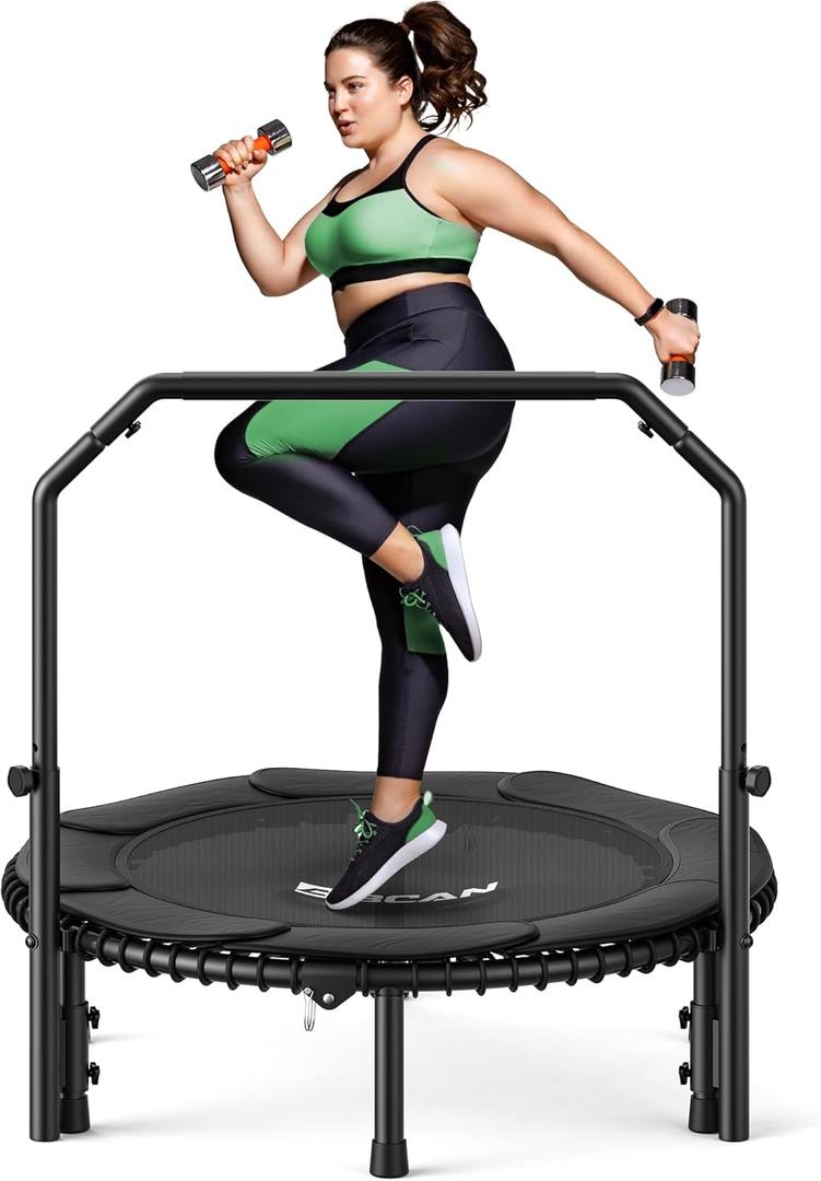BCAN BT2 450/550LBS Mini Rebounder Trampoline for Adults with Bar, Fitness Trampoline with Bungees, Adjustable Handle, Stable & Quiet, Indoor Outdoor, Whole-Body Workout & Relaxation at Home-40IN/48IN