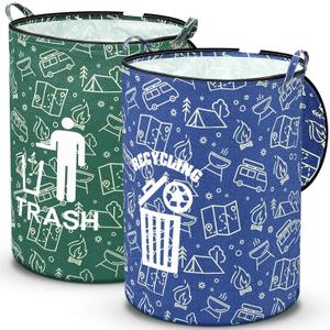 2 Pack Collapsible Trash Can Camping with Zippered Lid Foldable Storage Bin Portable Garbage Can for Outdoor Camping RV's Yard Waste (Trash and Recycling Style)