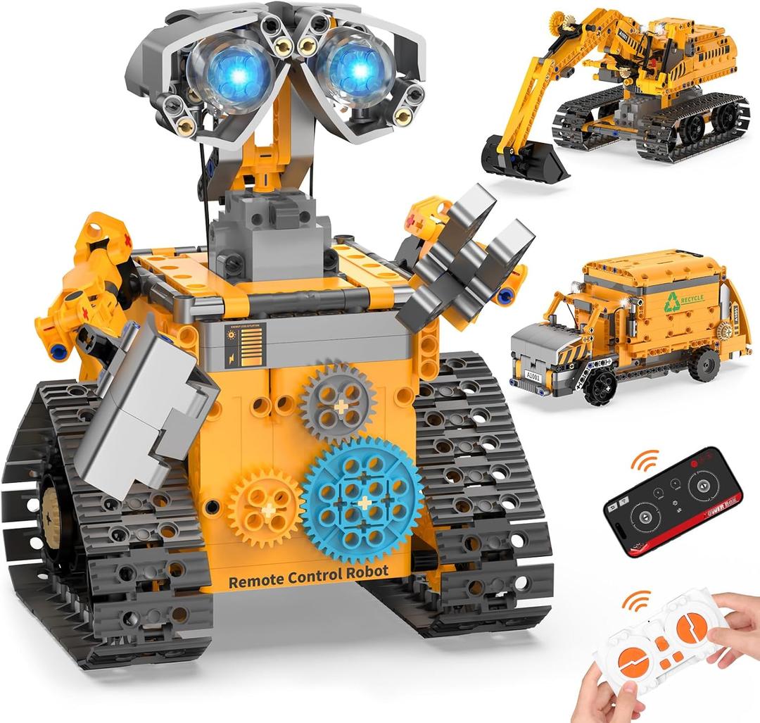 Robot Building Kit Toys for Boys Age 8-12 with 700 Pcs, 3 in 1 Robotics Excavator Garbage Truck with App & Remote Control, Coding Robot Building Set, Birthday Gifts for 8-14 Years Old Boys (Yellow)