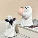 Halloween Ghost Figurines with Holding Bat, Cute Funny Resin Ghost Statue Romantic Shelf & Desk Decor, Mini Spooky Ghosts Pink Halloween Decors for Desk Office Table Centerpieces Ornament (B)