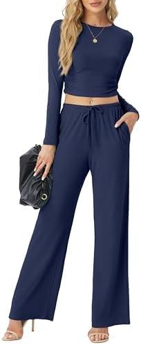 Women's Two Piece Outfits Lounge Sets Long Sleeve Ruched Top & Wide Leg High Waist Pants with pockets (X-Large)