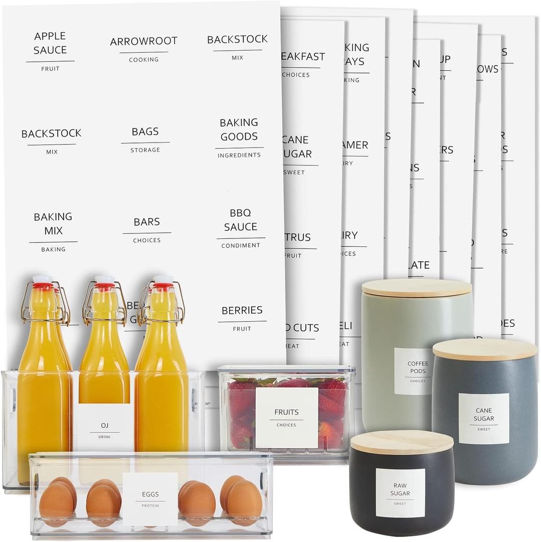 Talented Kitchen Minimalist Food Labels - 2.5" x 2.5" Matte White Vinyl, Pack of 157 - Pantry & Fridge Container Labels for Jars & Bins - Preprinted Food Storage Stickers, Water-Resistant (Black)