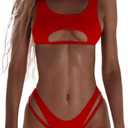 SherryDC Women's Sexy Scoop Neck Padded Cutout Strappy Thong Bikini Set Swimsuit (Large, Red)