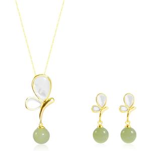 Natural Hetian Jade Necklace Earrings Ring for Women, Green Jade & White Butterfly Charm, Good Luck Gift for Friends, Mother, Lover Her