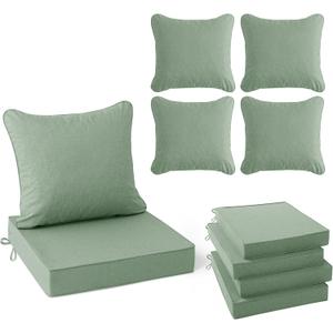 Summsun Outdoor Cushions for Patio Furniture, Faux Linen Water Resistant Backrest and Deep Seat Cushion Set with Removable Cover, Ties, Non-Slip Bottom, 22 x 22 Inch, Sage Green, Set of 4, 4P/22*22 + 22*20 Inch