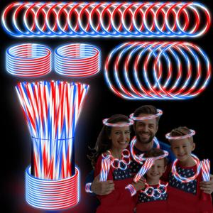100 PCS 250th Anniversary 4th of July Glow Sticks Bulk with Connectors,Red White Blue 3 Colors In 1 Glow in The Dark Stick, Light Up Bracelets & Necklaces for Kids & Adults Party Favor Supplies