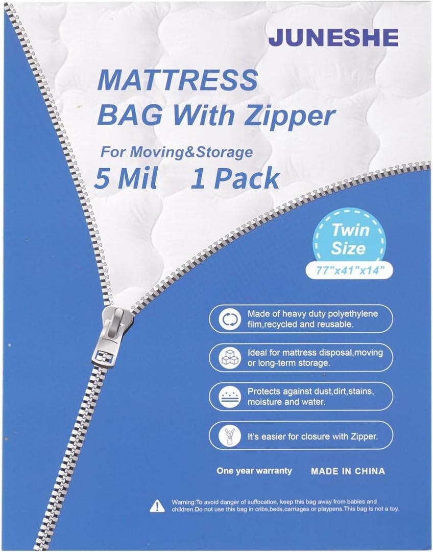 5 Mil Twin Size Mattress Bag with Zipper for Storage Moving, Heavy Duty Plastic Waterproof Mattress Protector Cover Moving Supplies