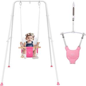 RAGOZONERY 2 in 1 Baby Jumper with Toddler Swing, Baby Jumpers and Bouncers,Indoor Outdoor Toddler Swing SetPink